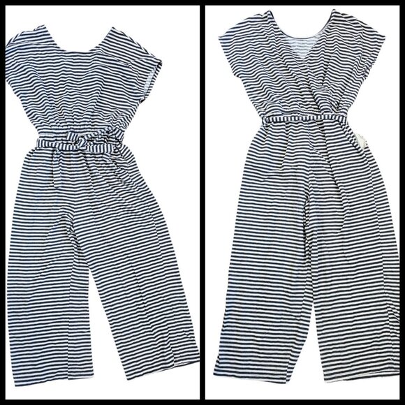Old Navy Womens Size Large Knit Jumpsuit‎ Belted Striped Pockets Wide Leg Gray - Picture 1 of 11